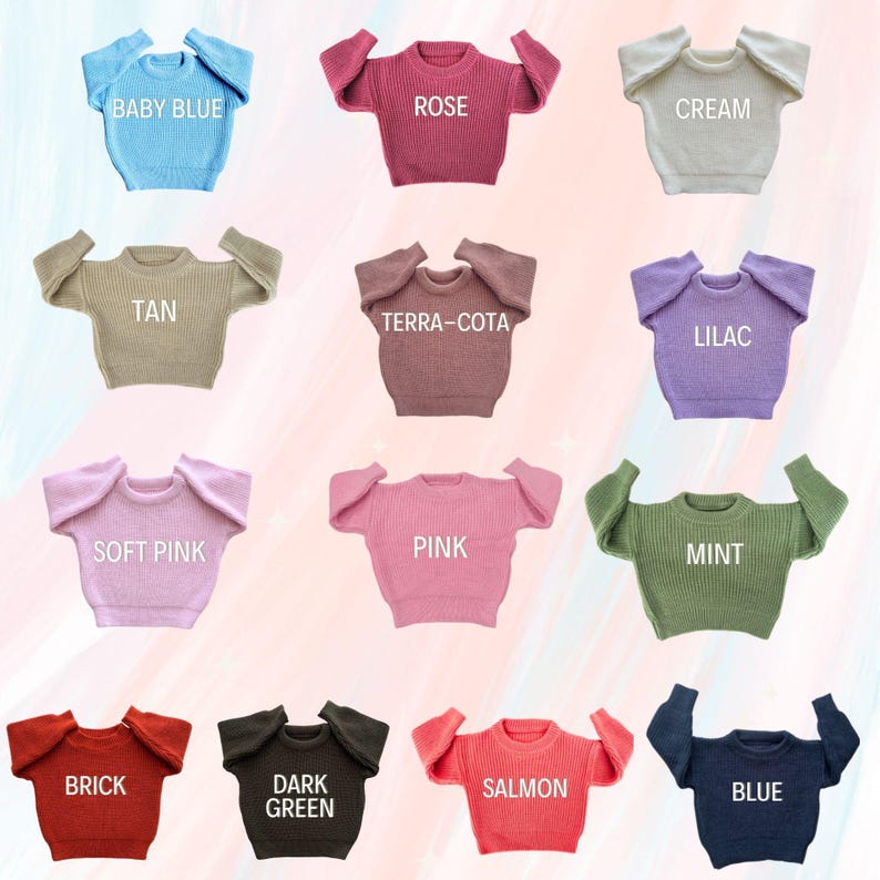 May include: A collection of ribbed knit sweaters in various colors, including baby blue, rose, cream, tan, terra-cotta, lilac, soft pink, pink, mint, brick, dark green, salmon, and blue. Each sweater has the color name printed on it.