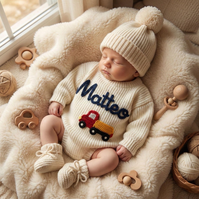 May include: A sleeping baby wearing a cream-colored knit sweater with the name "Matteo" in navy blue and a red and yellow truck applique. The baby also wears a matching knit hat with a pom-pom and knit booties. The baby is lying on a cream-colored, fluffy blanket.