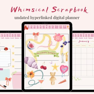 May include: Three digital tablets displaying a whimsical scrapbook-themed undated digital planner. The planner pages feature watercolor illustrations of a fig, cherries, a seashell, and a teddy bear. The text "Whimsical Scrapbook" and "undated hyperlinked digital planner" are visible.