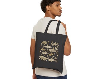 Whimsical Shark Cotton Canvas Tote Bag for Beach Days, Eco-Friendly Shopping Bag, Great Gift for Ocean Lovers, Sustainable Beach Bag