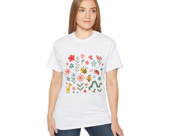 Colorful Nature Print Tee, Cute Cotton T-Shirt, Floral Graphic Top, Unisex Spring Wear, Gifts for Nature Lovers, Animal and Plant Theme Tee