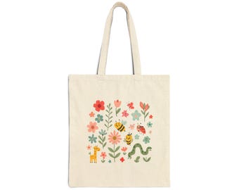 Floral Animal Canvas Tote Bag | Eco-Friendly Shopping Bag, Beach Tote, Gift for Nature Lovers, Reusable Grocery Bag, Boho Style