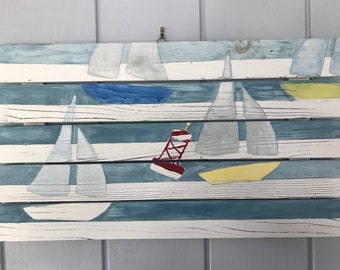 Sailboats on the Sea - “Rounding The Buoy” Original Acrylic Painting on Slatted Wood Pallet 25x14"