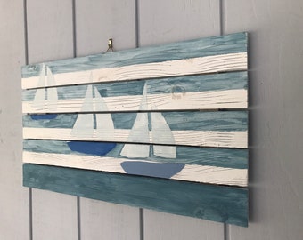 Sailboats on the Sea (#2)- Original Acrylic Painting on Slatted Wood Pallet 25x14"