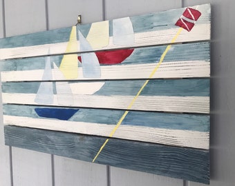 Sailboats on the Sea - “Photo Finish” Original Acrylic Painting on Slatted Wood Pallet 25x14"