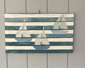 Sailboats on the Sea - Original Acrylic Painting on Slatted Wood Pallet 25x14"