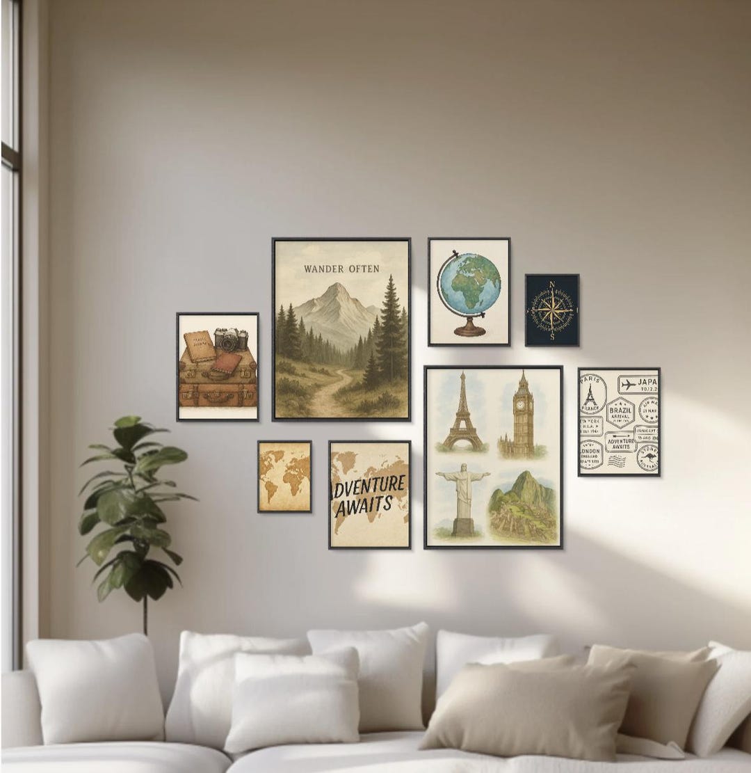 Travel Wall Art Set – 8 Vintage Adventure Prints | Wanderlust Globe ...