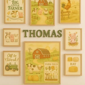 Farm Nursery Wall Art | 7-Print Baby Animal Set | Digital Download for Baby Boy Room | Personalized with Name