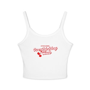 Overthinking Club Spaghetti Strap Tank Top, Women&#39;s Red Cute Quote Sleeveless Shirt, Summer Cami, Fashion Camisole, Trendy Cherry