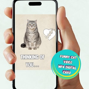 Puede incluir: Un smartphone muestra una tarjeta digital con una ilustración de gato gris y un corazón roto. El texto en la tarjeta dice "Thinking of You..." y "Funny Cat Video MP4 Digital Card."