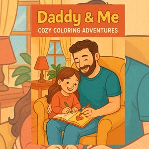 Puede incluir: Ilustración de un libro para colorear titulado "Daddy & Me Cozy Coloring Adventures". La imagen muestra a un padre y un niño coloreando juntos. El padre tiene barba y lleva una camisa azul. El niño lleva una camisa naranja. El fondo incluye una lámpara y una ventana.