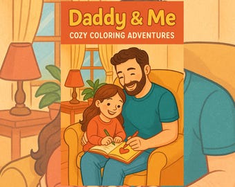 May include: Illustration of a coloring book titled "Daddy & Me Cozy Coloring Adventures." The image shows a father and child coloring together. The father has a beard and is wearing a blue shirt. The child is wearing an orange shirt. The background includes a lamp and a window.