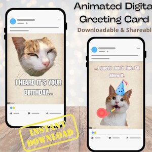 Puede incluir: Tarjeta de felicitación digital animada que se muestra en dos teléfonos inteligentes. Uno muestra un gato con el texto "I heard it's your birthday...". El otro muestra un gato con un gorro de fiesta y un silbato, con el texto "...I guess that's fine. I'll allow it."