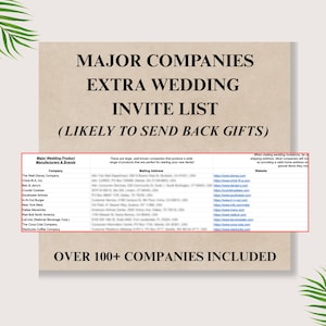 May include: A beige graphic with the text "MAJOR COMPANIES EXTRA WEDDING INVITE LIST (LIKELY TO SEND BACK GIFTS)" and "OVER 100+ COMPANIES INCLUDED". A table lists company names, mailing addresses, and websites.