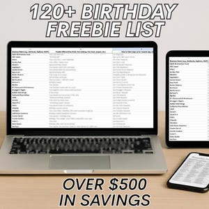 May include: A laptop, tablet, and smartphone displaying a list titled "120+ BIRTHDAY FREEBIE LIST" with the text "OVER $500 IN SAVINGS". A cup of coffee and a potted plant are on the desk.