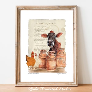 Chocolate Chip Cookies and Farm Fresh Milk Art Print - Vintage Country Kitchen Art - Wall Art with a Cozy Vibe - Charming Farm Animal Gift