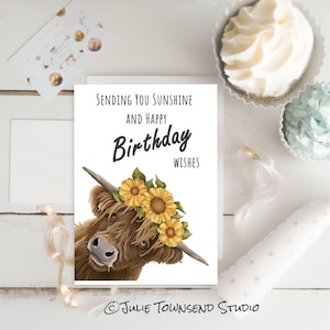 Cute Highland Cow with Sunflowers Wishing a Happy Birthday - Adorable Cow Birthday Card - Cow Mom Birthday Gift - Highland Cow Lover Gift