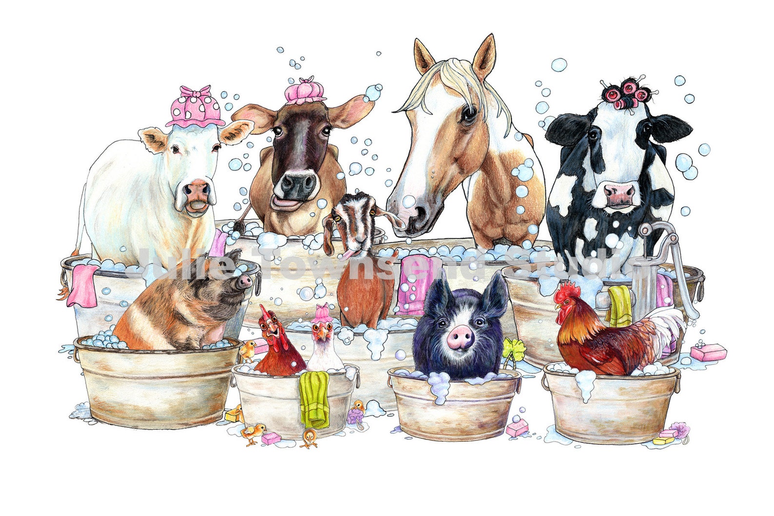 Farm Animals in the Tub Art Print Color Pencil Farmhouse Etsy