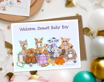 Farm Animal Baby Shower Card - Welcome New Baby Card - Choose color pink, blue or yellow - Stuffed Animal Toys - Farm Themed Baby Shower