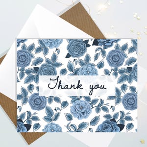 Vintage Denim Rose Pattern Thank You Card Set - Pretty Chinoiserie blue flower pattern - Show Your Appreciation - Sending Smiles in the Mail