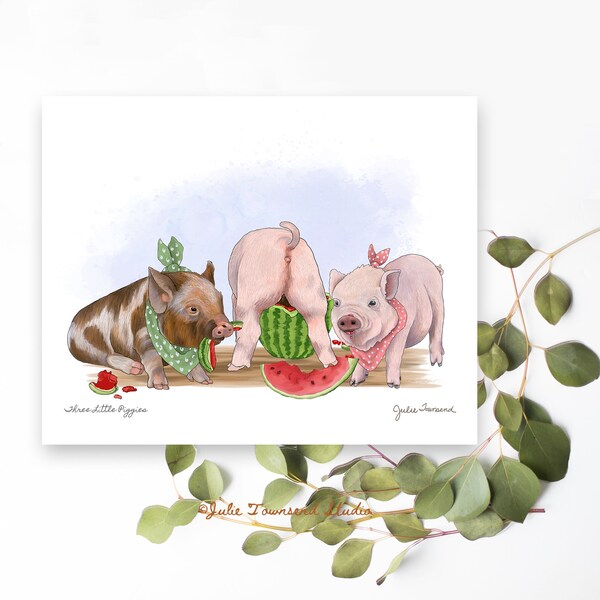 Pig out on Watermelon - Cute Pig Shelf Art - Splash of Summer Color - Art for a Childs Room or Nursery - Baby Pigs in Bibs - Red and Green