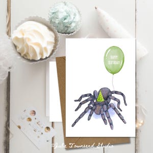 Cute Spider holding a Birthday Balloon - Perfect Birthday Card for any Arachnid Lover - Card for Him - Hairy Tarantula - Happy Birthday Card