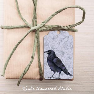 Floral Black Crow Gift Tags - Set of 8 Hand Cut Tags - Handmade tags for your gift giving - Sweet Vintage Crow for all your gift giving need