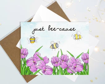 Adorable Honey Bee Note Card Set - anytime bee cards - Spring Pink Tulips and Honey Bees - Sweet Greeting Card - Sending Smiles in the Mail