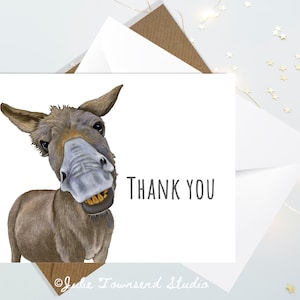 Funny Donkey Thank You Cards - Set of 10 - Appreciation Cards - Blank Inside - Silly Donkey  with a Funny Grin - Sending Smiles in the Mail