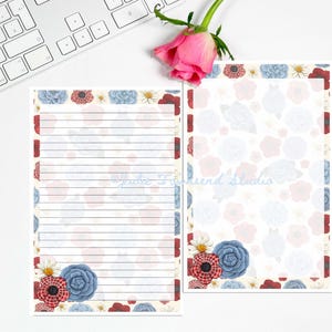 Red White and Blue Floral Pattern Stationery Set - Printed Envelopes and Matching Seal Stickers - Cozy Patriotic Writing Paper - Handmade