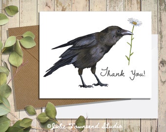 Adorable Crow Thank You Note Card Set - Appreciation Cards - Thank You Card Set - Sweet Raven with a Daisy Card - Sending Smiles in the Mail