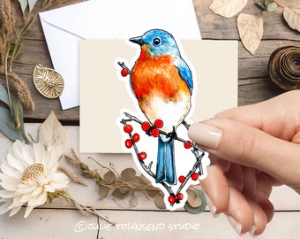 Bluebird Sitting on Rose Bush Branches - Bright Red Rose Hip Berries - Woodland Bird Sticker - Planners Journals and Scrapbooks - bird lover