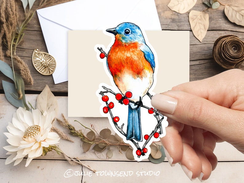 Bluebird Sitting on Rose Bush Branches Bright Red Rose Hip Berries Woodland Bird Sticker Planners Journals and Scrapbooks bird lover zdjęcie 1