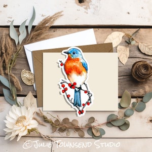 Bluebird Sitting on Rose Bush Branches Bright Red Rose Hip Berries Woodland Bird Sticker Planners Journals and Scrapbooks bird lover zdjęcie 2