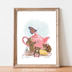 Adorable Mouse Art for the Nursery or a Child's Room - Mouse with a Tea Pot Wall Art - Pretty Pink Tea Cup and Cookies - Pastel Color Decor