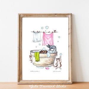 Beagle Dog Wall Art - Funny Cat and Dog Wall Print - Wash Tub Bathroom Farm - Bubble Bath Tub -  Vintage Wash Tub - Laundry on Clothes Line