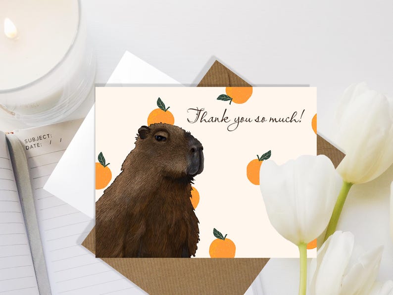 Thanksiving Capybara Cute Capybara Thank You Card - Original Animal Art - Whimsical Capybara ...