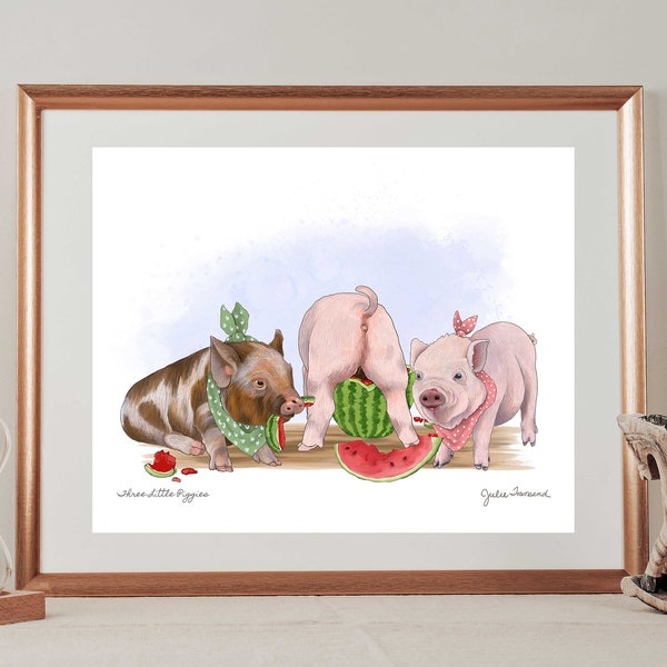 Pig out on Watermelon - Cute Pig Shelf Art - Splash of Summer Color - Art for a Childs Room or Nursery - Baby Pigs in Bibs - Red and Green