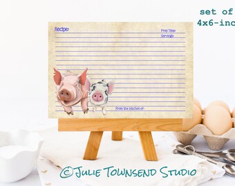 Baby Pig Recipe Cards - Set of 12 Cards - 4 x 6 inches -  Mothers Day - Bridal Shower and Weddings - Country Kitchen Accessories - Vintage