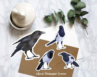 Set of 4 Corvid Bird Stickers - A raven and three magpies - Crow lover sticker perfect for your laptop or water bottle - Journal or planners