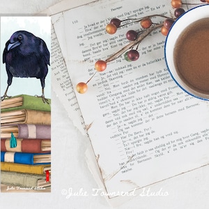 May include: A black crow perched on a stack of vintage books with a blue and green bookmark. The crow is facing the left side of the image. The books are stacked on a light blue background. The image is a watercolor illustration.