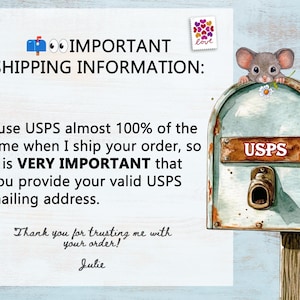 May include: A watercolour illustration of a vintage mailbox with a mouse peeking over the top. The mailbox has a USPS sign. Text on the image says "IMPORTANT SHIPPING INFORMATION" and "I use USPS almost 100% of the time".