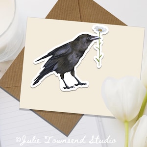 Thankful Crow Vinyl Decal - Smart Crow with a Daisy - Perfect gift for bird lovers - Large Raven Sticker for laptop or your water bottle