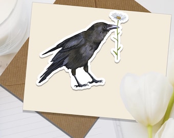Thankful Crow Vinyl Decal - Smart Crow with a Daisy - Perfect gift for bird lovers - Large Raven Sticker for laptop or your water bottle