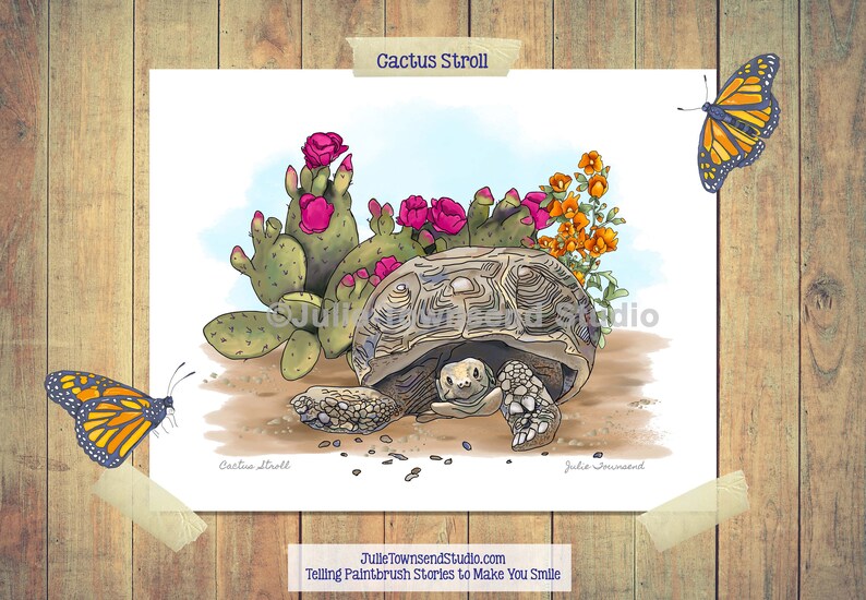 Flowering Cactus with Desert Tortoise  Mojave Desert Wall Art image 1