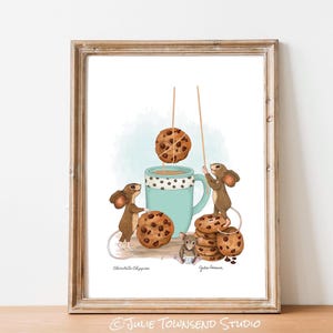 Adorable Mouse Art for the Nursery or a Child's Room - Cute Cookie Lover Mice Wall Art - Dunking Cookies in a cup of Milk - Chocolate Chips