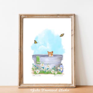 Cute Kitten Playing in a Vintage Wash Tub - Perfect Art for a Childs Bedroom or Bathroom - Farmhouse Style Art to Make You Smile - Cat Lover