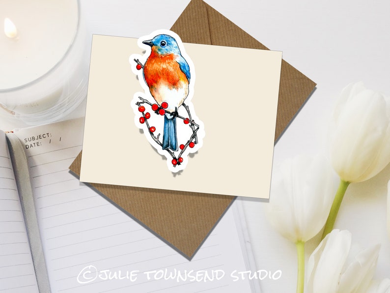 Bluebird Sitting on Rose Bush Branches Bright Red Rose Hip Berries Woodland Bird Sticker Planners Journals and Scrapbooks bird lover zdjęcie 3