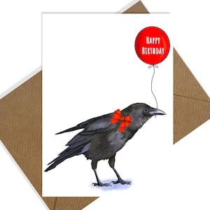 Cute Crow holding a Red Birthday Balloon - Perfect Birthday Card for any Crow Lover - Crow Card for Her - Crow Art - Raven Crow in a Red Bow