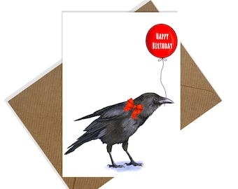 Cute Crow holding a Red Birthday Balloon - Perfect Birthday Card for any Crow Lover - Crow Card for Her - Crow Art - Raven Crow in a Red Bow